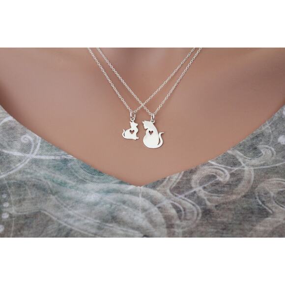 Sterling Silver Mommy and Baby Cat Charm Set Necklace - Picture 5 of 5